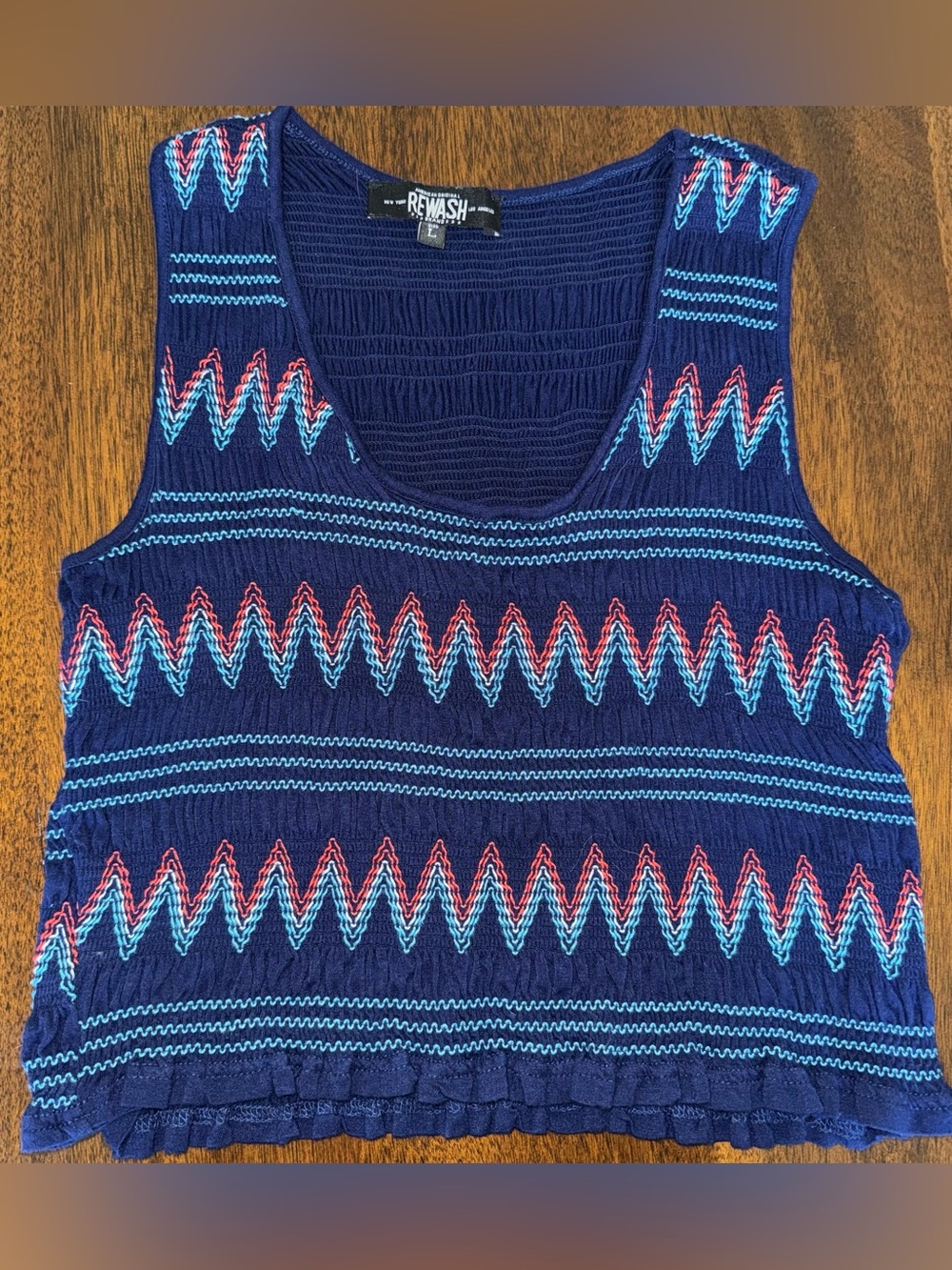 Rewash Navy Blue Smocked Cropped Tank Top Size Large Zig Zag Chevron Boho